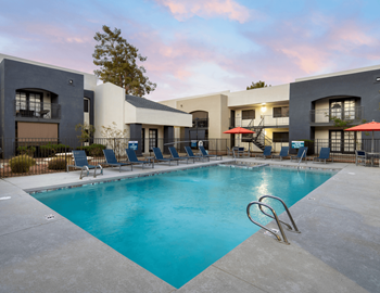 Two sparkling pools and relaxing heated spa